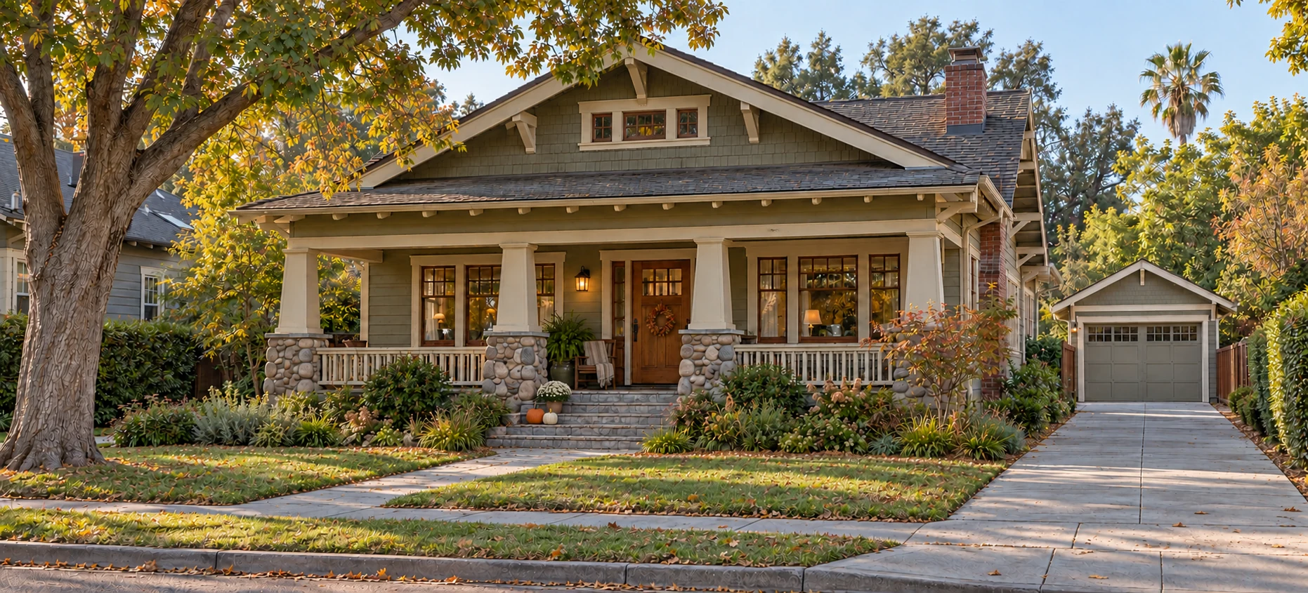 Illustrative Craftsman bungalow with a welcoming porch and fall foliage