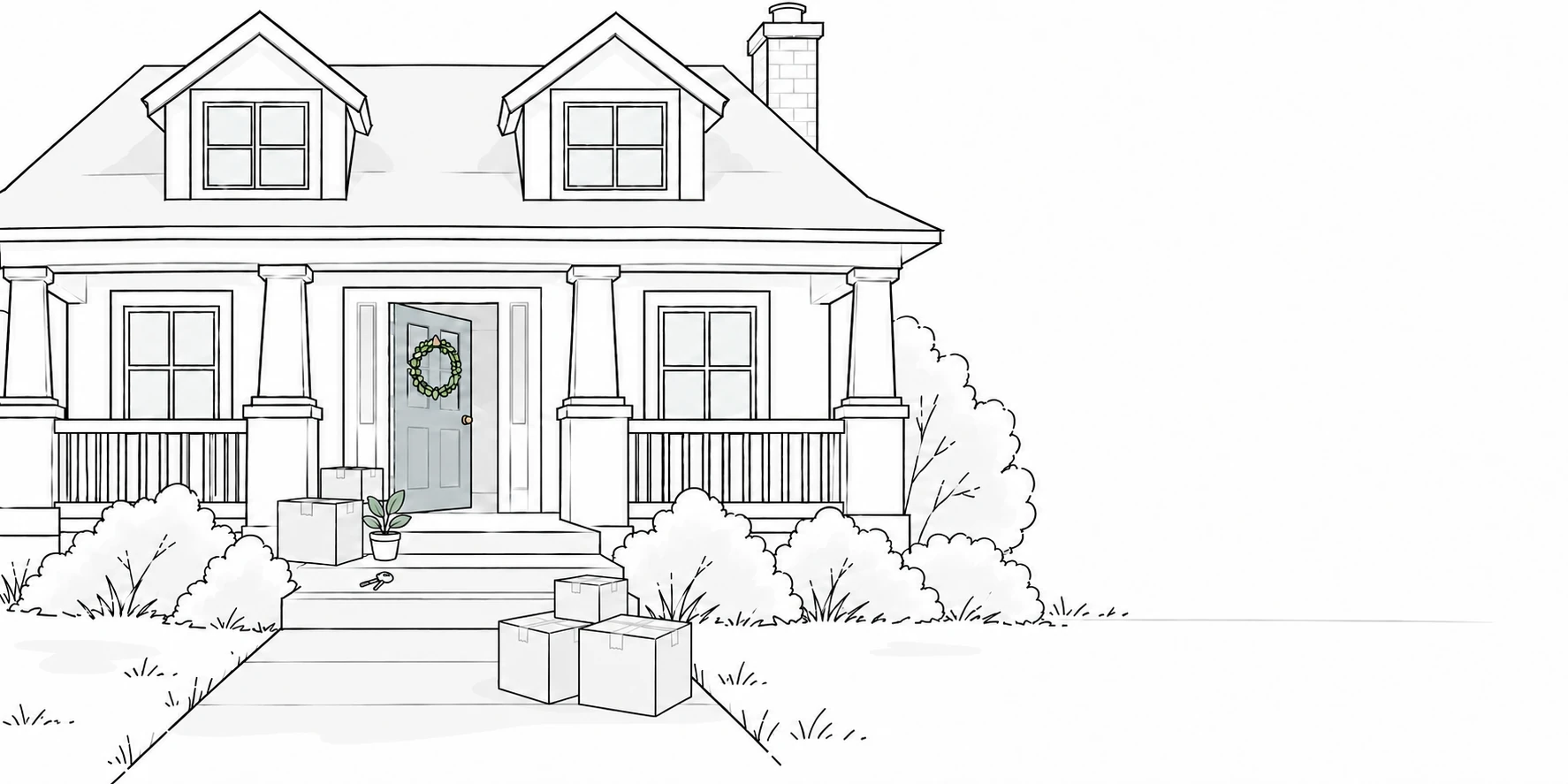 The same twin-dormer home from the hero, with moving boxes on the right of the front walk, a small plant and keys on the steps