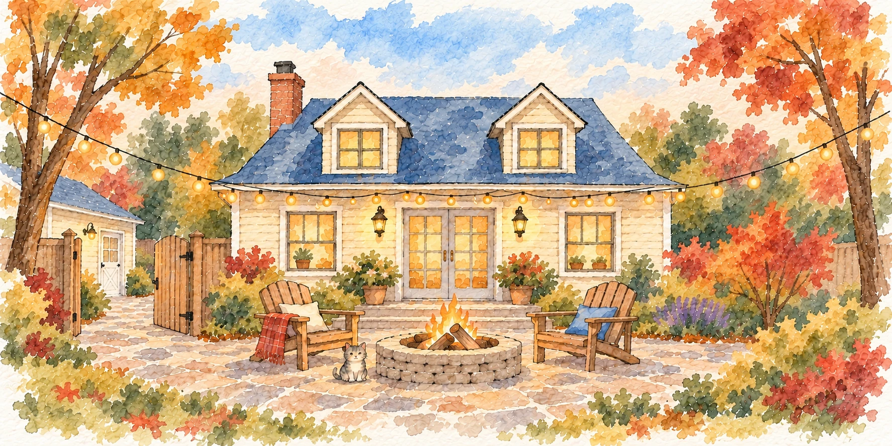 Watercolor backyard of the hero home, with warm string lights, a stone fire pit and the gray tabby cat