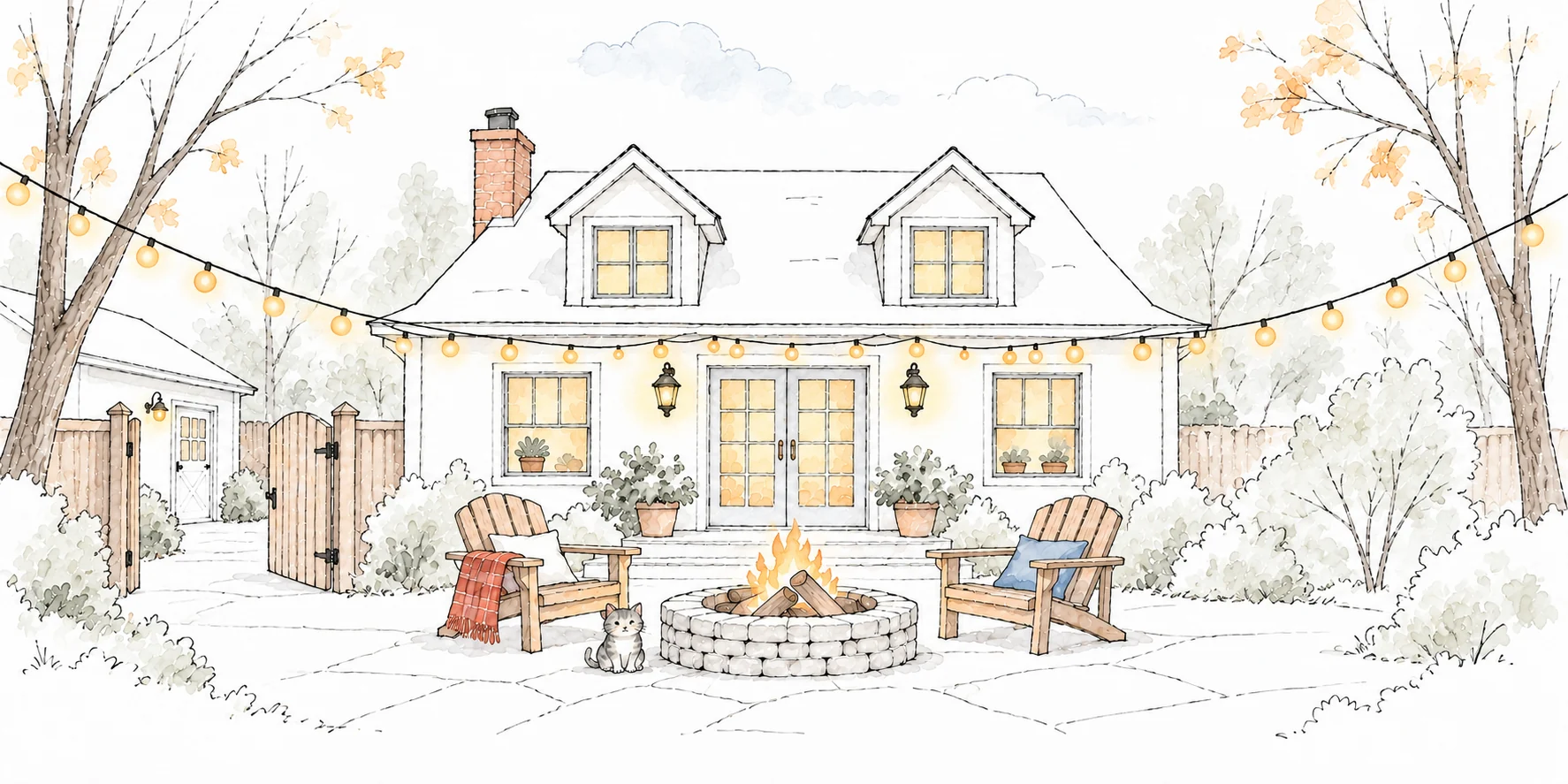Watercolor backyard of the hero home, with warm string lights, a stone fire pit and the gray tabby cat